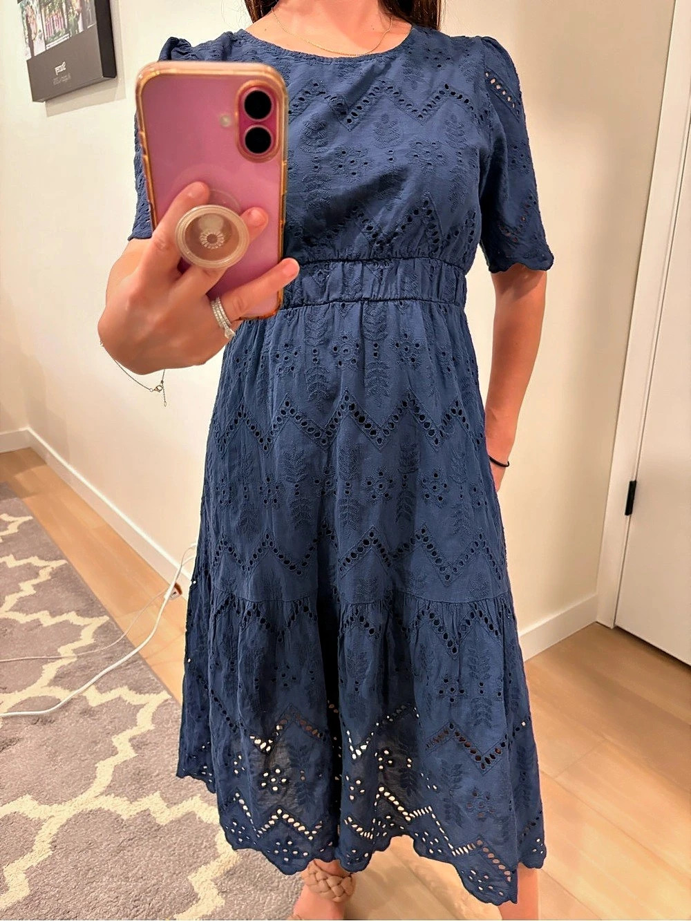 Valentina Naldi made in italy 100% Cotton Eyelet Midi Dress in Blue Size Small
